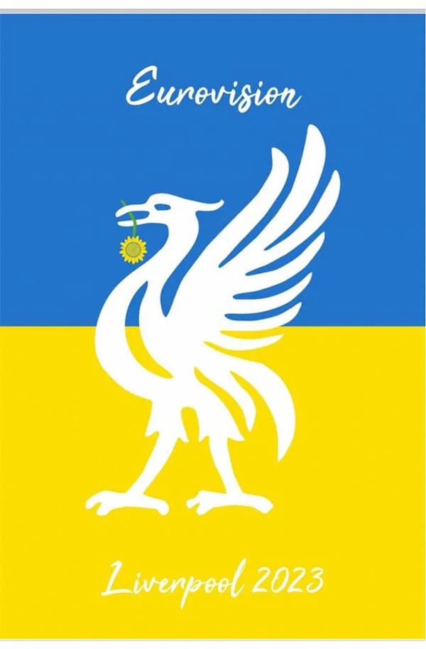 Lovely Liverpool tea towel with the colours of the Ukraine flag and a liver bird