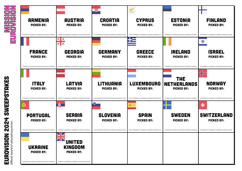 Eurovision 2024 Grand Final sweepstakes sheet 2